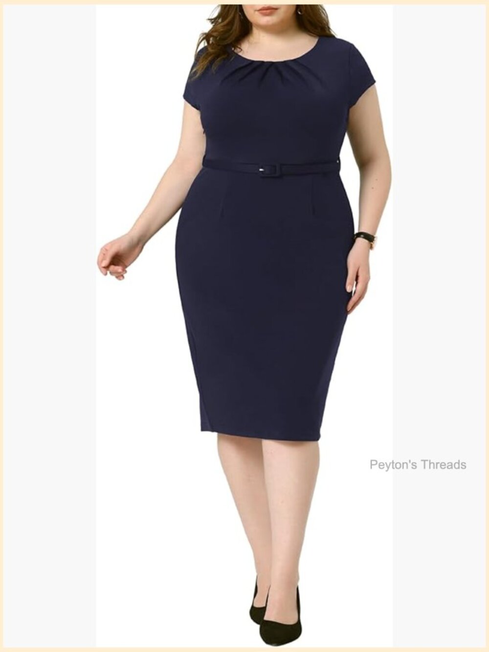 Plus Size Office Pencil Dress with Belt Bodycon Midi